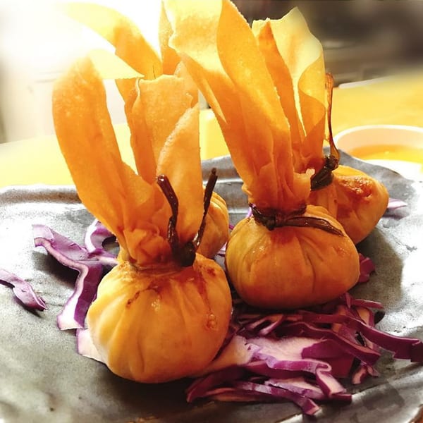Golden fried money bags, tied with dark strings, served on a plate with shredded red cabbage.